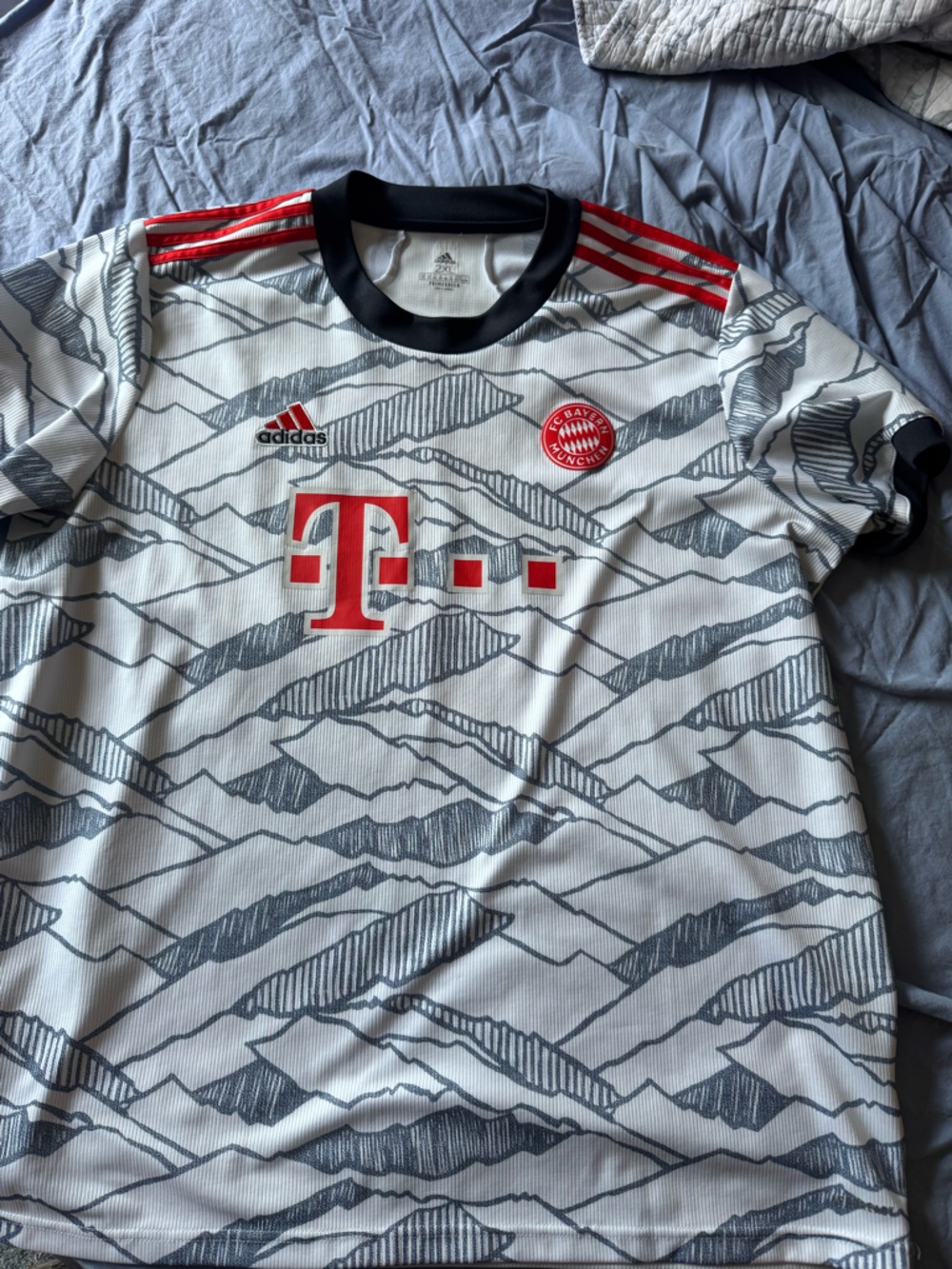 Bayern Munich Gnabry kit FLAW. Blue Gray & White Mountain pattern kit with Red